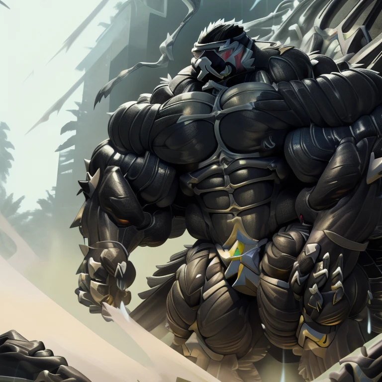 (gigantic muscles), 8K, Masterpiece, highres, future fiction. Detailed head, Detailed Body, full body, Detailed abs, wearing crNanosuit, big muscle (pecs, triceps, traps) unusually developed muscular body, body full of huge muscles. showing off muscles, pectorales enormes. Exaggeratedly huge muscles. Gigachad Muscular, gigantic muscles, Colossal giant NANOSUIT over a battlefield, 
The claws are sharp,
Sharp teeth,
Spread wings, have big wings.
nj5furry, Animal paws, thunderstorm, rainy weather, lightning,