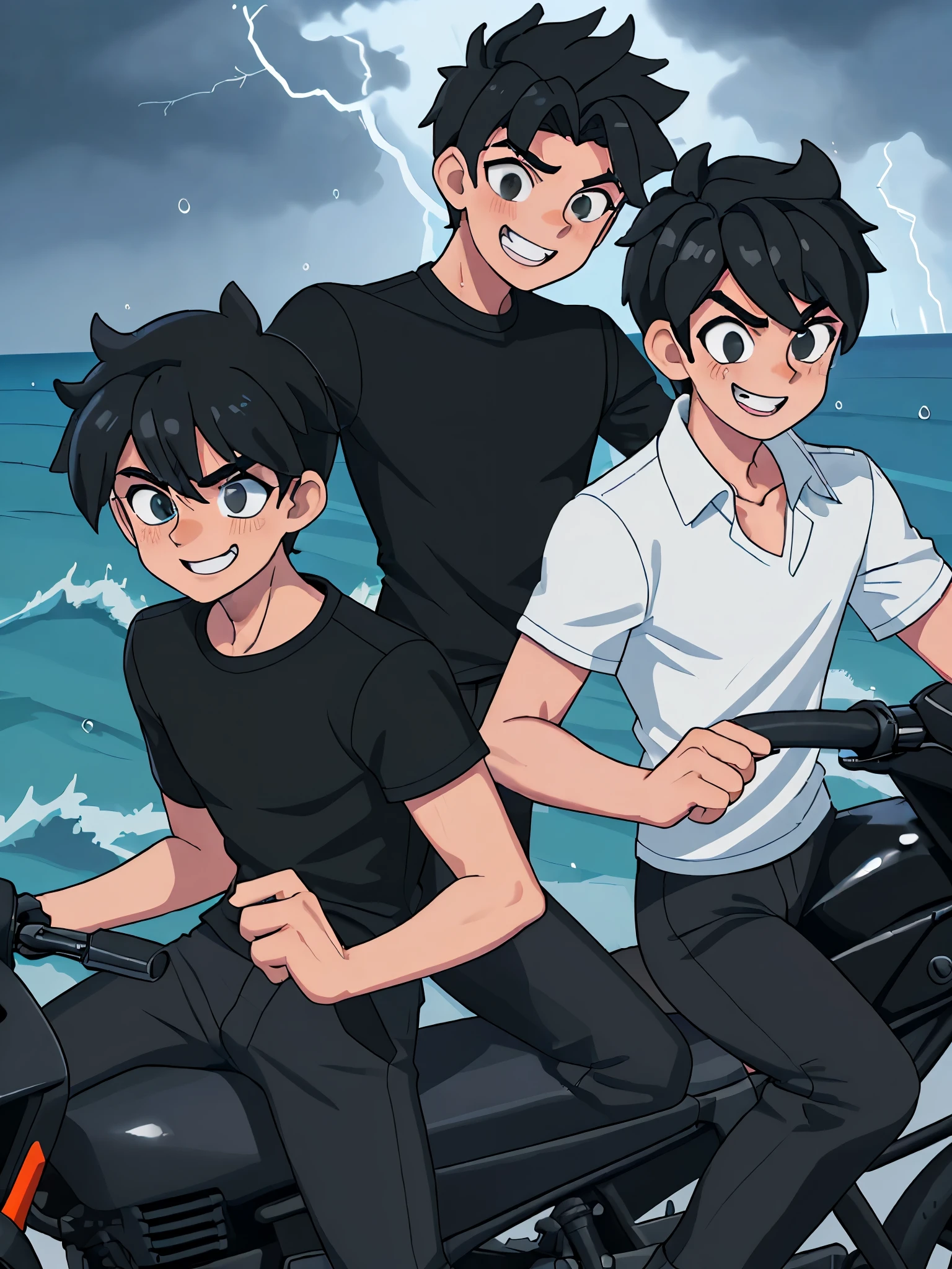 Two age boys, handsome, wearing black t-shirts, shorts, and wearing white t-shirts and long black pants, short hair, dashing, cool and dignified, background on the main road by the beach,Riding a motorbike, rain, laughing expressions, storms, anime, hd, 4d