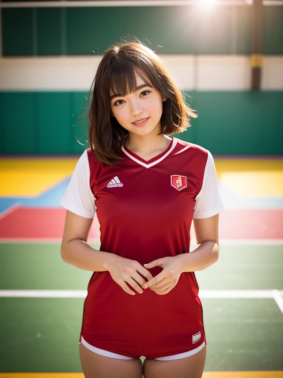 ((Whole body 1.4)),Front shot,masterpiece, highest quality, RAW Photos, 8k, Highly detailed face, One girl, close, Beautifully detailed skin, Backlight, Soft Light, Shy, (Shoot from the front:1.2), Smile, open your mouth to say something, Illuminate, Anatomically correct, short hair, Windblown Hair, Eyes and facial details, Textured skin, Professional photography, Bokeh, Portraiture, Professional Lighting, alone, cute, Girlish, Film Grain, Red volleyball player uniform,Volleyball court,indoor