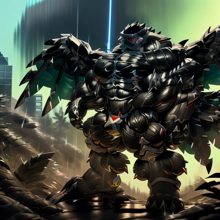 (gigantic muscles), 8K, Masterpiece, highres, future fiction. Detailed head, Detailed Body, full body, Detailed abs, wearing crNanosuit, big muscle (pecs, triceps, traps) unusually developed muscular body, body full of huge muscles. showing off muscles, pectorales enormes. Exaggeratedly huge muscles. Gigachad Muscular, gigantic muscles, Colossal giant NANOSUIT over a battlefield, 
The claws are sharp,
Sharp teeth,
Spread wings, have big wings.
nj5furry, Animal paws, thunderstorm, rainy weather, lightning,