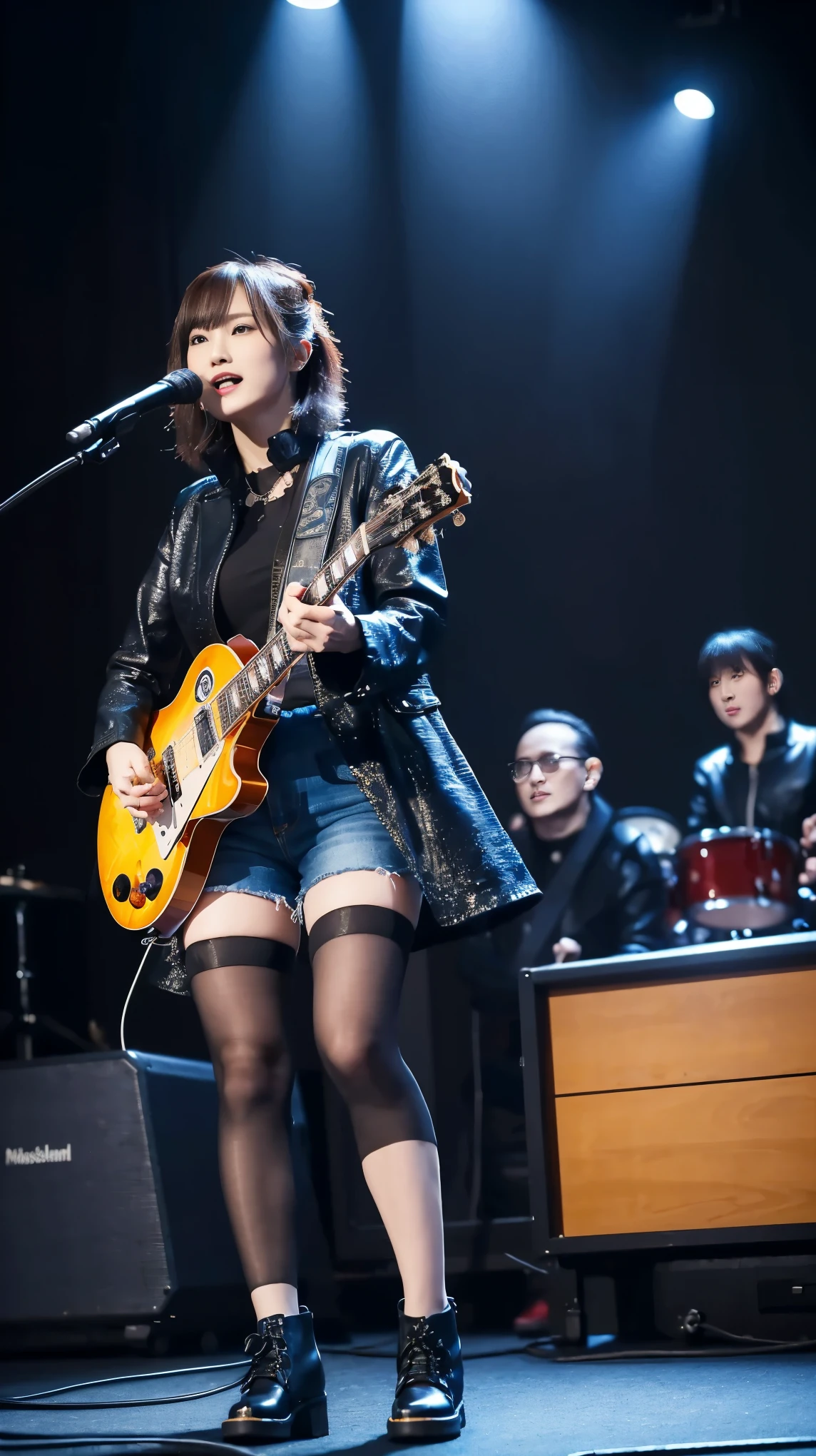 ((Masterpiece，highest quality，Hyper Quality))，((Highest quality，8K，16K))，Japanese，Female Vocalist，rock band，guitar(Les Paul)，Marshallamp，live house，Gorgeous lighting，Large crowd，Black Riders Jacket，Slim denim，Timberland Boots，