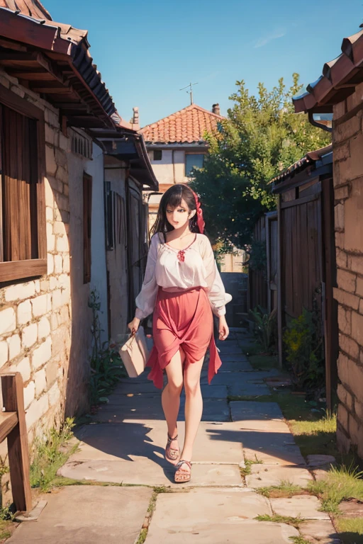 Women's Improvement, Twin ponytail blonde, blue eyes, Dark brown skin,(Mature female , Large Breasts,Sagging breasts、Cleavage, cleveage、Thick thighs, Wide hips, Curvy beauty, Perfect body,), Thick buttocks, Wearing a pink cheongsam, There is a temple in the background