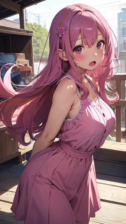 masterpiece、highest quality、Very detailed、Photograph the upper body、1 female、(Put your arms behind your back:1.2)、Are standing、Turn your body forward、View your viewers、(Idol Costumes)、break,blush、shy、Pink Hair、Open your mouth、stage、Big Breasts、