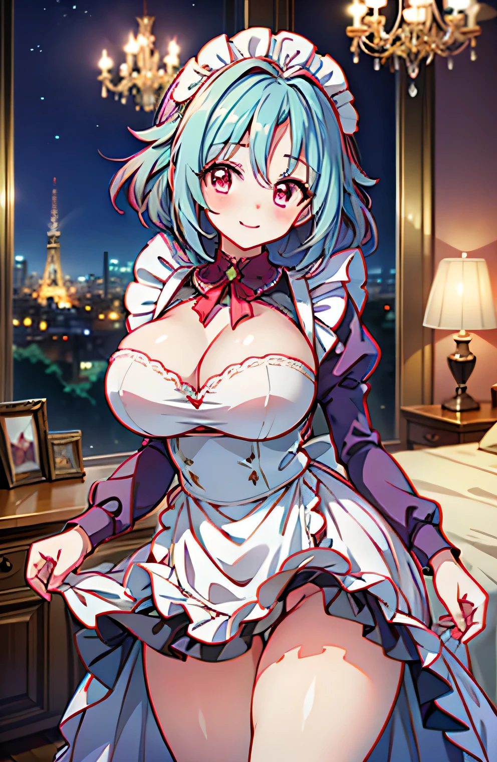 Anime illustration、Fantasy、highest quality、Luxurious Rooms、chandelier、Night Ga、Neat maid outfit、Perfect proportions、overwhelmingly big breasts、Very thick thighs、Beautiful, shining eyes、Blushed、smile、Cowboy Shot