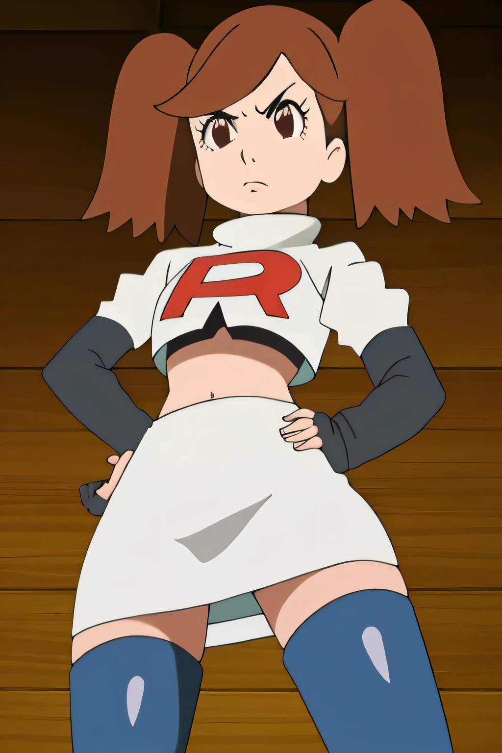 masterpiece,best quality,high res,high quality,8k, masterpiece,highres, team rocket uniform, red letter r, white skirt,white crop top,black thigh-high boots, black elbow gloves, glaring angrily, looking down at viewer, hands on hips, cowboy shot, zettai ryouiki,spread legs,from below, black panties,anime style, vivid colors, sharp focus, intense lighting,namida suzameno,two braids,brown hair,brown eyes