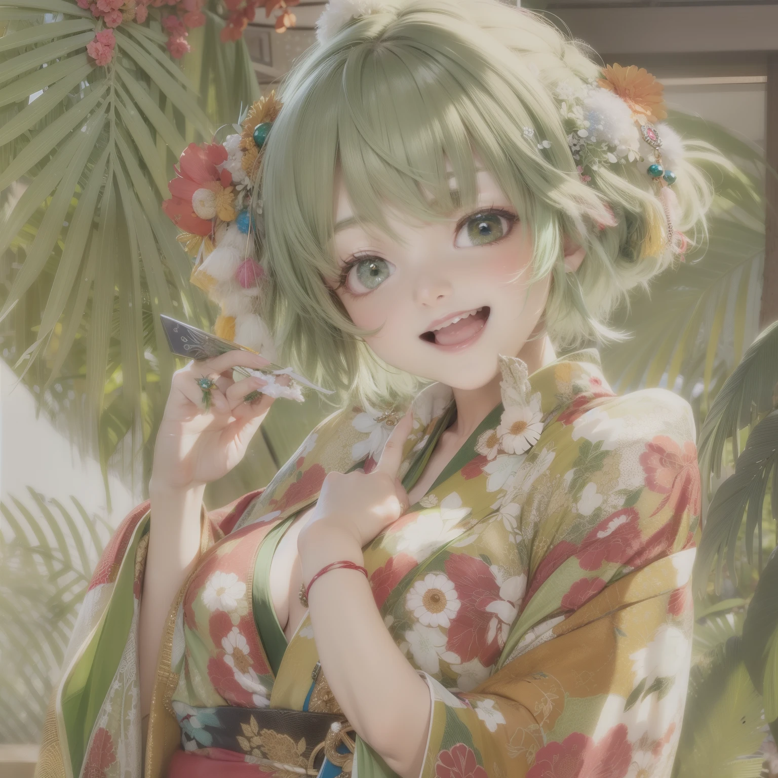 Light green hair,short hair,Green Eyes,smile,Green kimono,Large red feather hair ornament,Having sex,naked,Nipples are visible
