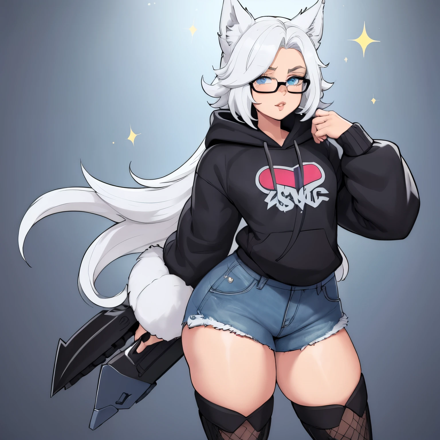 Single boy, Anime boy, Short, Long white hair, wolf ears, wolf tail, blue eyes, wearing short denim shorts, thigh high fishnets, black combat boots, oversized cropped hoodie, flat chest, super flat chest, solo femboy, only one femboy ((FLAT CHEST)) solo, alone, (SOLO)(ALONE) thicc thighs, wide hips, blue eyes, perfect eyes, perfect face, pouty lips, happy, curvy, sparkly blue eyes, wearing large round glasses