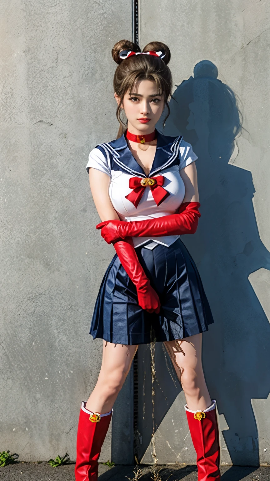 (masterpiece, best quality:1.2), (realistic, photo-realistic:1.4), RAW photo, highres, extremely detailed, intricate details, cinematic lighting, (front view, view from below:1.3), (full body, standing, boots:1.5), (sailor moon, tsukino usagi), solo, 1girl, a yo female wearing (sailor senshi uniform), (huge breasts:1.2), blonde hair, long hair, twintails, hair bun, jewelry, (blue-collar, red-choker, white-gloves, red-bow, darkblue-skirt, red-boots:1.3),,
(peeing self,urination:1.4), (ashamed:1.2), desperate for peeing, wetting her clothes, pee runing down her legs, pee desperation pose, pee desperate face, big urine puddle,
photo background, outdoors, city landscape, daytime, sunny, in summer,
