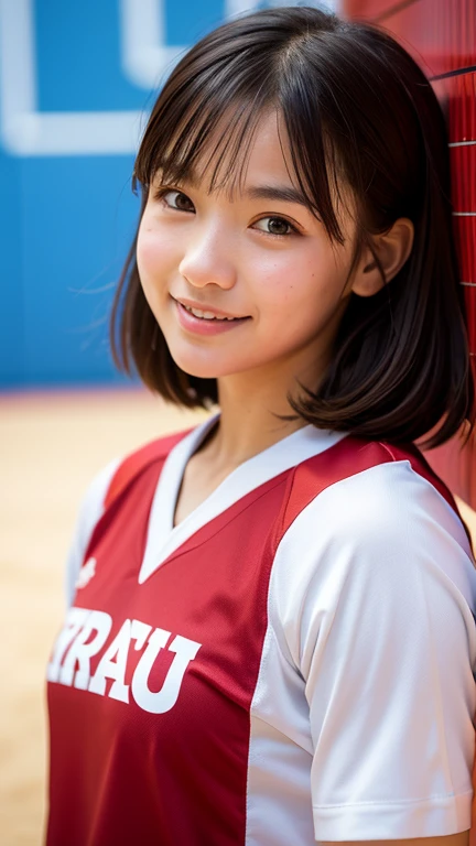 ((Whole body 1.4)),Front shot,masterpiece, highest quality, RAW Photos, 8k, Highly detailed face, One girl, close, Beautifully detailed skin, Backlight, Soft Light, Shy, (Shoot from the front:1.2), Smile, open your mouth to say something, Illuminate, Anatomically correct, short hair, Windblown Hair, Eyes and facial details, Textured skin, Professional photography, Bokeh, Portraiture, Professional Lighting, alone, cute, Girlish, Film Grain, Red volleyball player uniform,Volleyball court,indoor