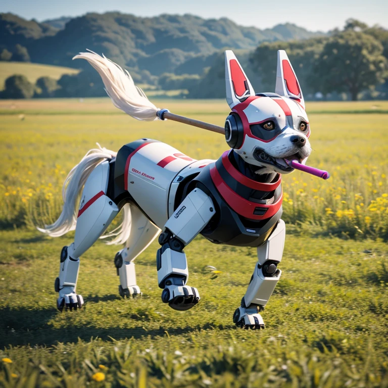robot dog runs into a field on camera with a stick in its mouth --ar 3:2 --style raw


