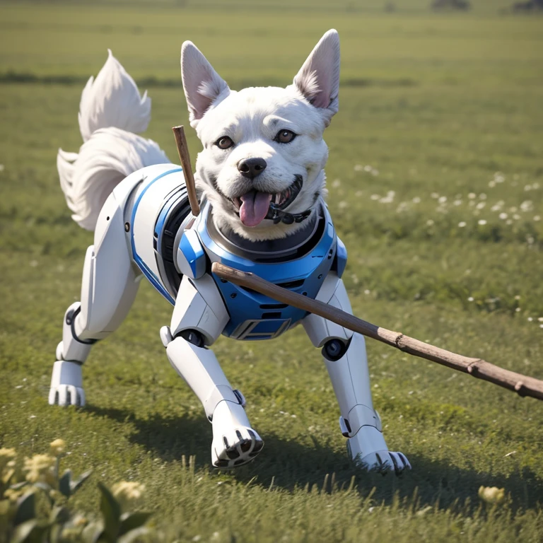 robot dog runs into a field on camera with a stick in its mouth --ar 3:2 --style raw

