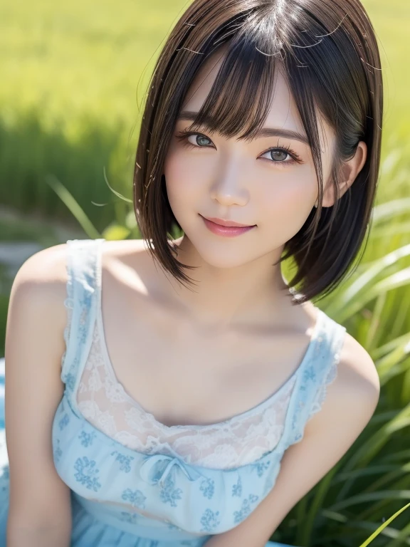 (highest quality:1.5)、(Realistic:1.5)、(1 person:1.5)、(Upper Body:1.5)、Very detailed、High resolution、8k wallpaper、、Small breasts、Natural color lips、Cute Smile、Japanese women、20-year-old girl、Beautiful and elegant face、Perfect and beautiful face、Arched eyebrows、Large, balanced eyes、Brunette eyes、Beautiful and elegant face、Natural double eyelids、Natural Bangs、Beautiful thin nose、Beautiful Skin、Medium Bob Hair、Natural Bangs、Perfect and beautiful face、Slim face and figure、(Looking at the camera with a cute expression)、Bright lighting、Professional Lighting、Forward lighting、Cute Smile、Summer blue sky、Grass park on the mountain、Look at the viewers、Low-angle composition、(Staring at the camera with a cute expression)、Bright lighting、Professional Lighting、Forward lighting、Cute Smile、Beautiful clavicle、Beautiful feet:1.2、Smooth Skin、(Floral mini skirt dress)、Sit on the grass、Sit down、Leaning forward、Shots from low angles、