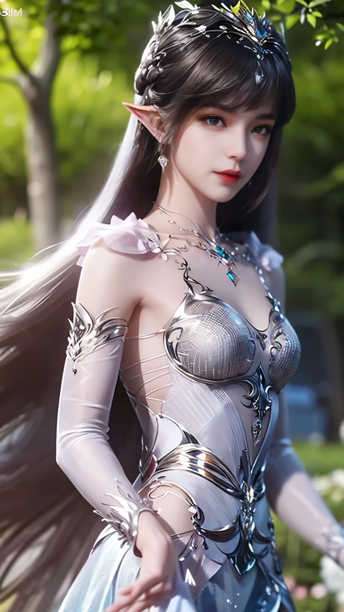 8k, masterpiece, a close up of a woman in a silver dress, perfect front body, bare thigh, ((very long hair)), a beautiful fantasy empress, ((silver fantasy dress:1.5)), beautiful fantasy maiden, fantasy art style, trending on cgstation, beautiful and elegant elf queen, beautiful maiden, shining skin, intricate ornate anime cgi style, ((a beautiful fantasy silver empress)), beautiful alluring Realistic woman, shining skin, in the park, sun shining, Realistic shadow, front capture,