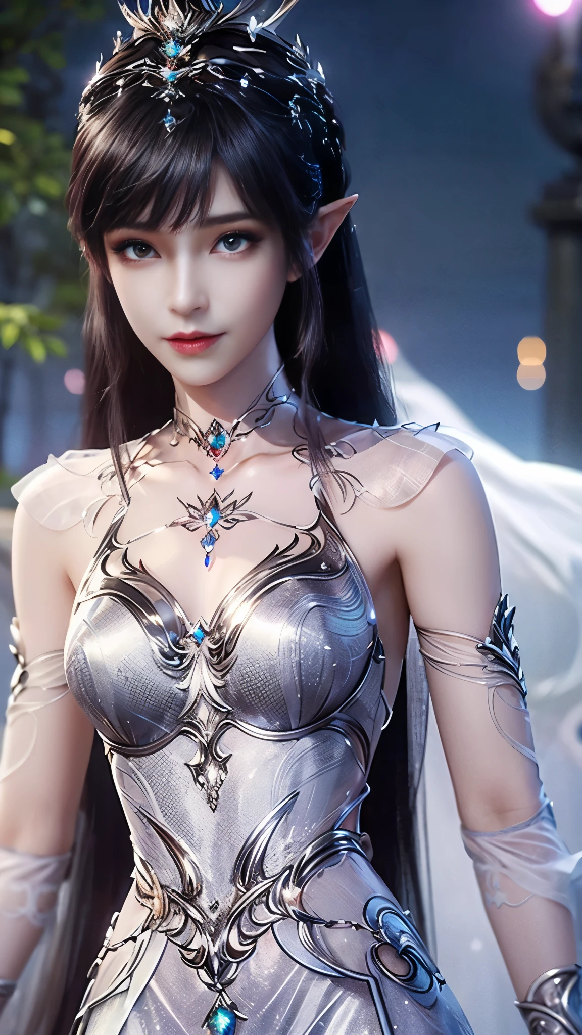 8k, masterpiece, a close up of a woman in a silver dress, perfect front body, bare thigh, ((very long hair)), a beautiful fantasy empress, ((silver fantasy dress:1.5)), beautiful fantasy maiden, fantasy art style, trending on cgstation, beautiful and elegant elf queen, beautiful maiden, shining skin, intricate ornate anime cgi style, ((a beautiful fantasy silver empress)), beautiful alluring Realistic woman, shining skin, in the park, sun shining, Realistic shadow, front capture,