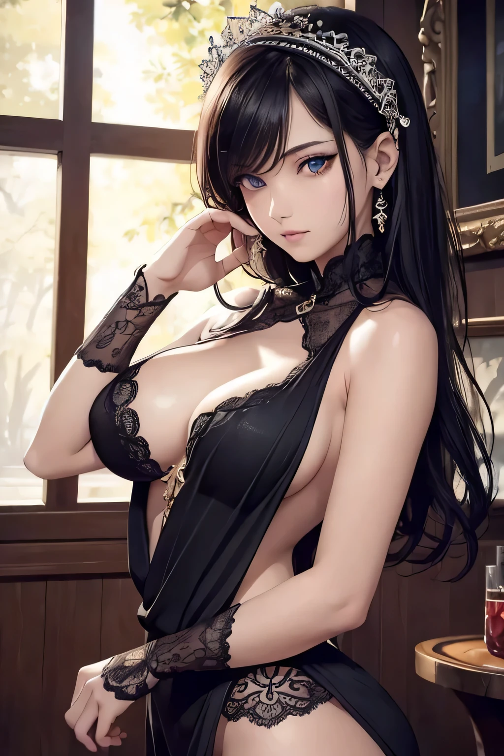 1 woman, ((detailed eyes:1.2)), nsfw, sexy, sensual, sleeveless, sideboob, masterpiece, top quality, best quality, official art, beautiful and aesthetic:1.2), extreme detailed, colorful, highest detailed