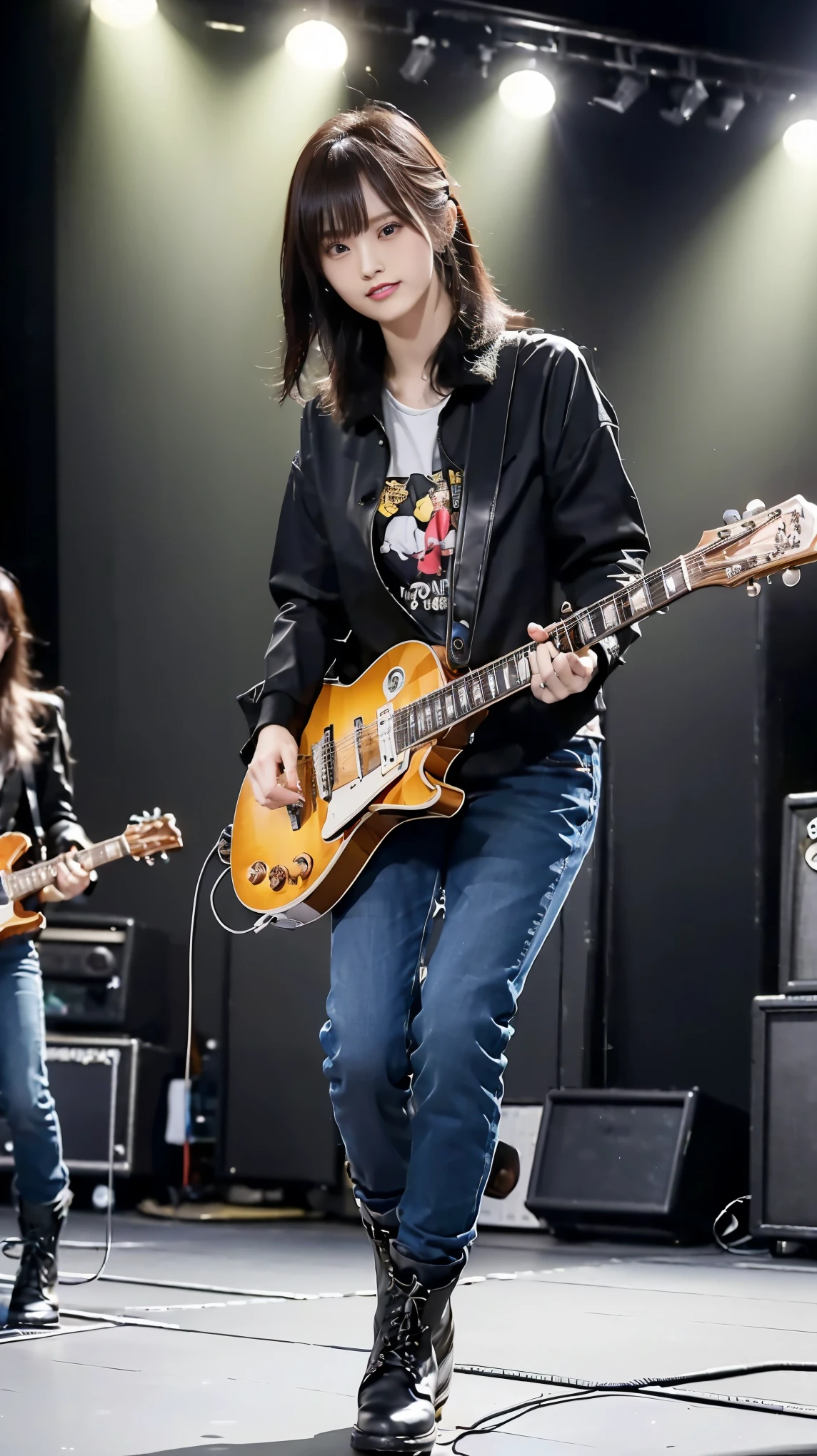 ((Masterpiece,highest quality,Hyper Quality)),((Highest quality,8K,16K)),Japanese,Female Vocalist,rock band,guitar(Les Paul),Marshallamp,live house,Gorgeous lighting,Large crowd,Black Riders Jacket,Slim denim,Timberland Boots,