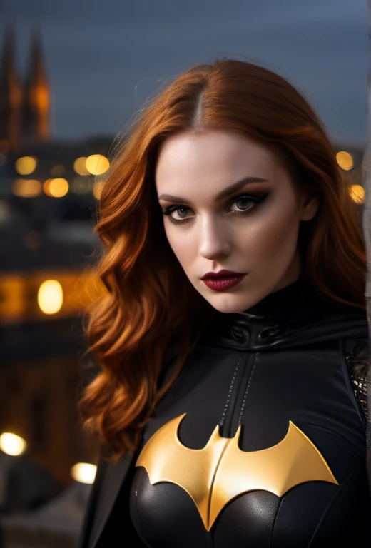 cinematic film still , night time, long wet wavy ginger hair, ((nubile toned superhero on a gothic cathedral roof top)), batgirl, deborah ann woll|jennifer connoly|kelly brook, beautiful detailed eyes, ((intense sorrow expression)), vibrant colors, skintight( black orange and gold:1.3) intricately detailed skin tight superhero bodysuit, cape, shoulder pads, ((Gotham city background)), (black eyeliner, goth makeup:1.3), . shallow depth of field, vignette, highly detailed, high budget, bokeh, cinemascope, moody, epic, gorgeous, film grain, grainy