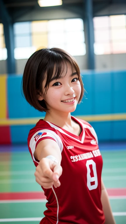 ((Whole body 1.4)),Front shot,masterpiece, highest quality, RAW Photos, 8k, Highly detailed face, One girl, close, Beautifully detailed skin, Backlight, Soft Light, Shy, (Shoot from the front:1.2), Smile, open your mouth to say something, Illuminate, Anatomically correct, short hair, Windblown Hair, Eyes and facial details, Textured skin, Professional photography, Bokeh, Portraiture, Professional Lighting, alone, cute, Girlish, Film Grain, Red volleyball player uniform,Volleyball court,indoor