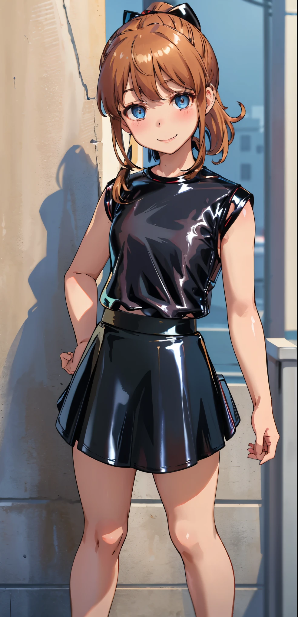 best quality, (masterpiece:1.2), highly detailed, standing, street,
1girl, solo, akatsuki minami,
looking at the viewer, closed mouth, smile, slight blush,
blue eyes, brown hair, ponytail, hair bow, sleeveless, (((dominant girl, latex skirt,  latex shirt )))