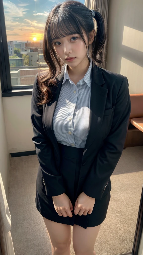 muste piece, best quality, illustration, Super detailed, fine details, High resolution, 8K,wall paper, perfect dynamic composition,(Details High quality, realistic depiction of eyes:1.3), short hair, (wavy hair:1.2), Office Lady, ,Suit,Collared shirt, Black Suit,Black jacket, pony tail hair, huge breasts, black hair color, Big Natural Color Lip, bold sexy pose, crying a little、cold gaze, Harajuku style、20 year old girl、cute type、lolita、beautiful legs, hotel room, full body photo、focus on crotch, hposing Gravure Idol, Sexy shot looking at camera, Sunset, by the window, Summer, make up, Curve