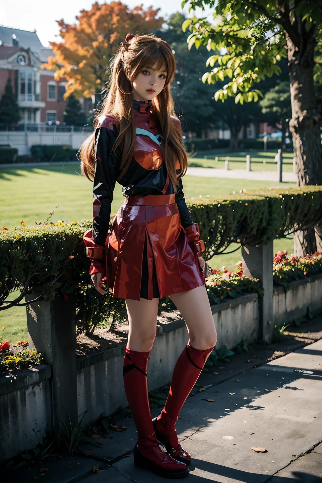 best quality, masterpiece, realistic, photorealistic, 1girl, solo, looking at viewer, full body, standing, long hair, asuka cosplay costume, cosplay, casual clothes, skirt, hair ornament, simple background