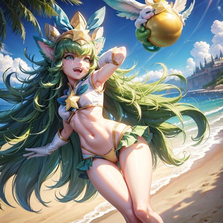 Melhor qualidade, super detalhe, obra de arte, Ultra HD, 8k, 1 garota, concentre-se na garota, Bikini, Star Guardian Lulu, League of Legends, look sexy, super sensual, roupa curta, na praia, exibindo as coxas, emphasis on the thighs.