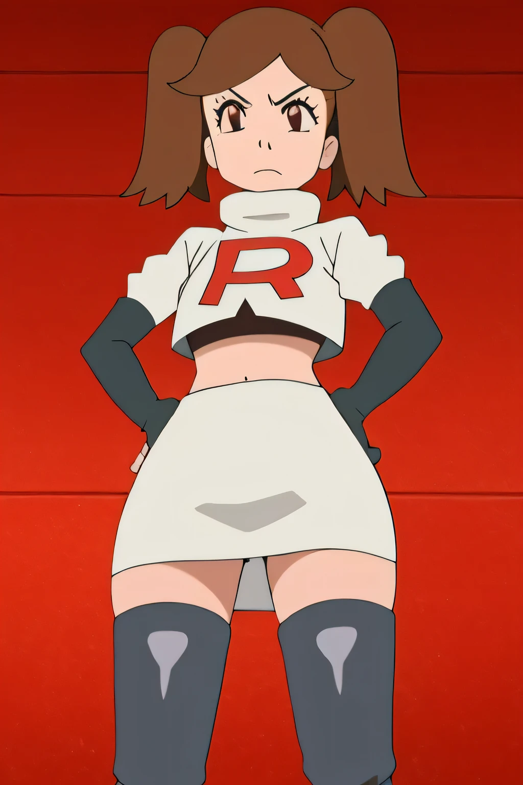 masterpiece,best quality,high res,high quality,8k, masterpiece,highres, team rocket uniform, red letter r, white skirt,white crop top,black thigh-high boots, black elbow gloves, glaring angrily, looking down at viewer, hands on hips, cowboy shot, zettai ryouiki,spread legs,from below, black panties,anime style, vivid colors, sharp focus, intense lighting,namida suzameno,two braids,brown hair,brown eyes
