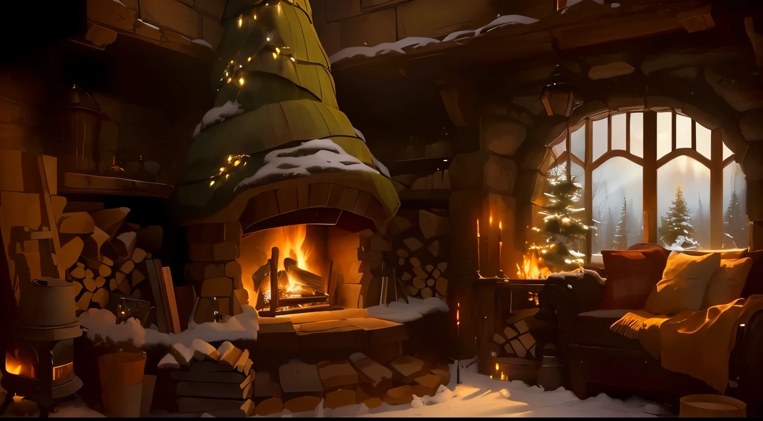 A cozy hobbit hat fireplace, winter ambient fill of objects, wood fire piles, a large window
