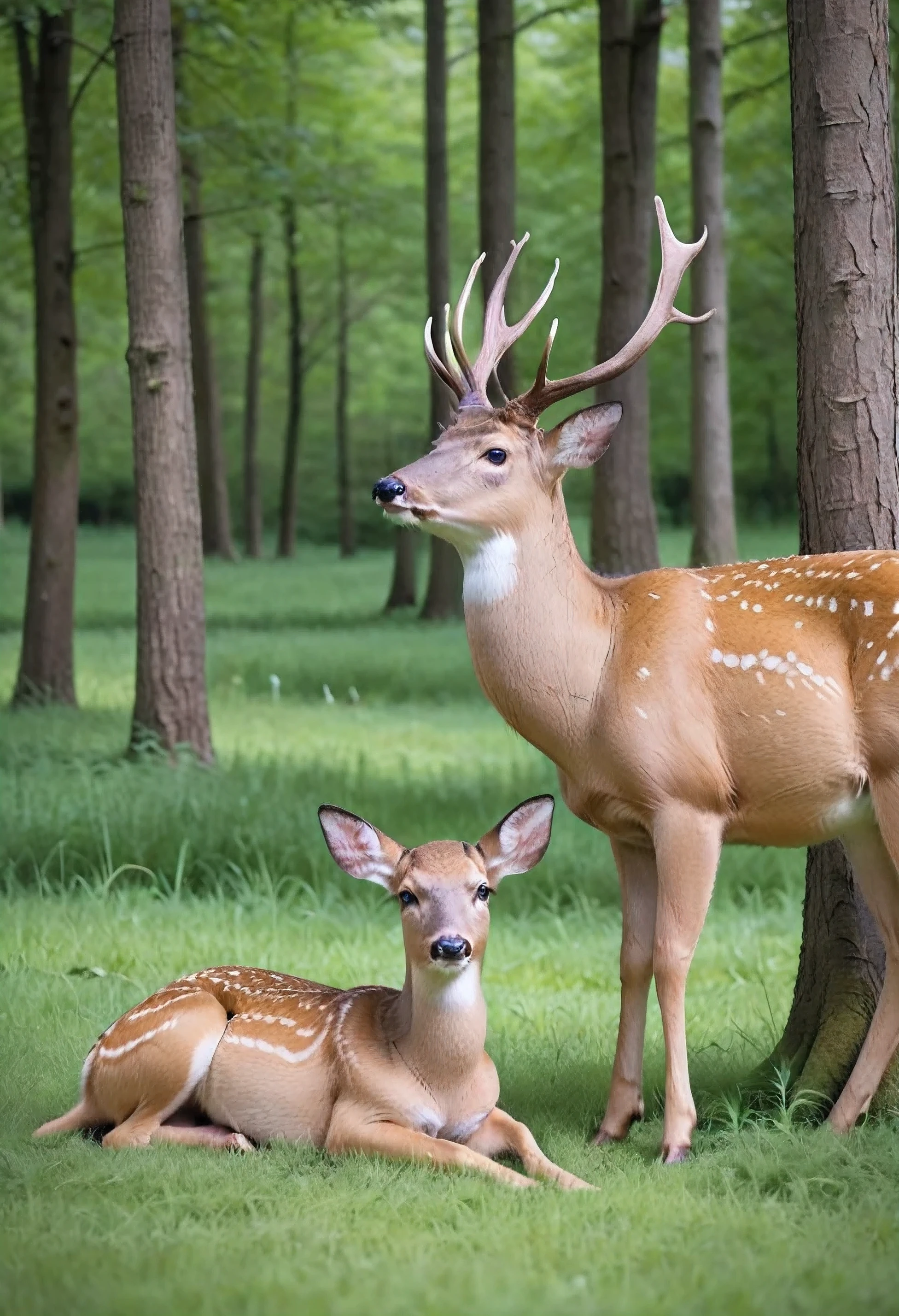 wildlife, Male deer are mating. with a female deer on the back, The deer are very beautiful., Atmosphere in the middle of the forest with beautiful green trees, Boil several large trees., UHD, anatomically correct, super detail, best quality