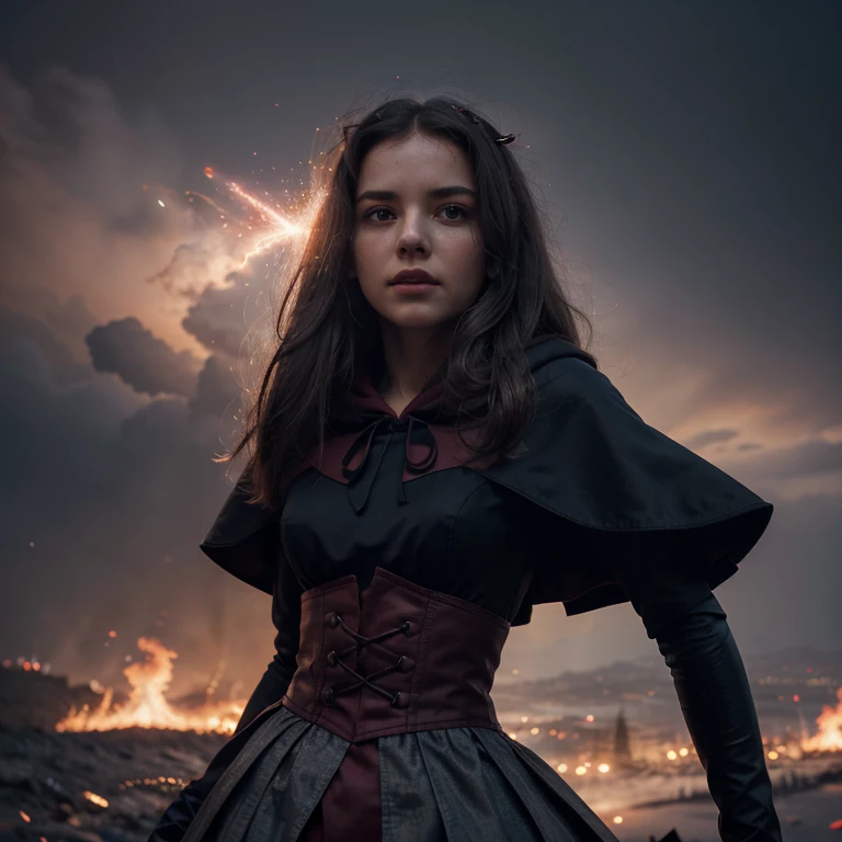 RAW photo, full sharp, (Full HD epic wallpaper) 8K UHD, Digital SLR, Soft lighting, High quality, filmgrain, Fujifilm XT3, hiqcgbody, (1 person, Kizi:1.2), vulnerable, Red eyes, Long gray hair,Storm,Fluttering hair, buzz cut, Style - Gravity magic, Portrait, Looking down, Solo, Half shot, Detailed background, Detailed face, Pale complexion,(( Lolita costume)), redcloak, Cape, Hood, malicious expression, The scarlet symbol rotates in the air,(Floating particles, Fire particles, particle fx), Skylight color scheme, red flames, the are In the background, Surrounded by a crimson mist, Sunset, symetrical composition, Epic atmosphere,