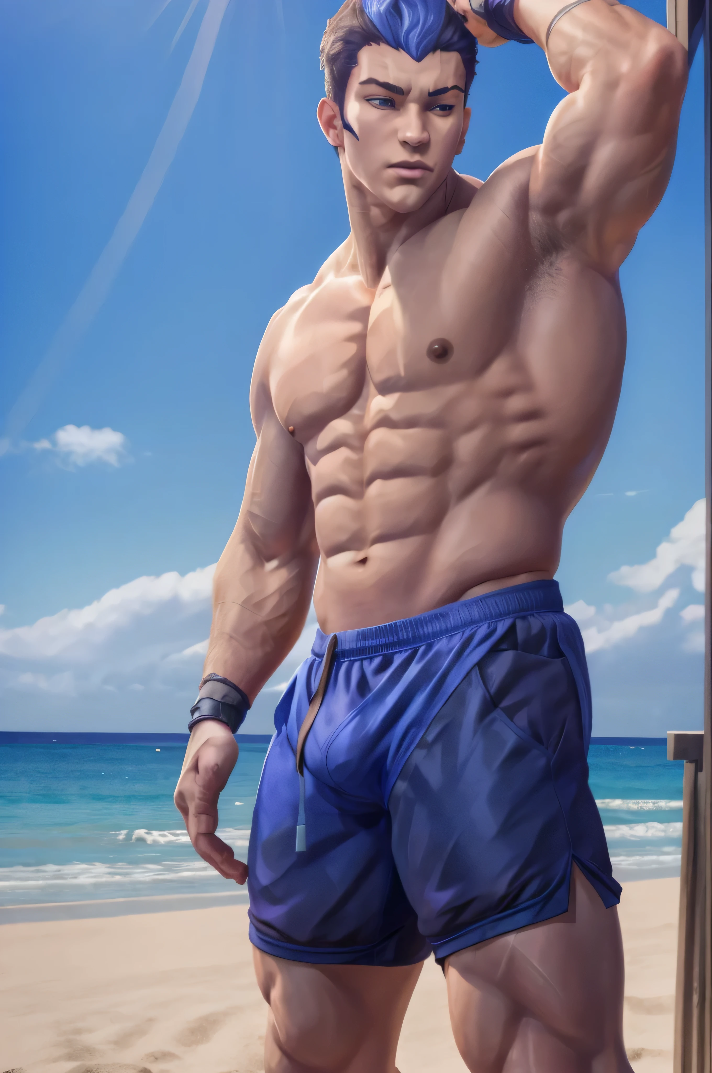 yoru valorant, shirtless, no coat, fully shirtless, smelling his armpit, armpit hair, THICK armpit hair, blue beach shorts, bulge outline, beach background, blue eyes