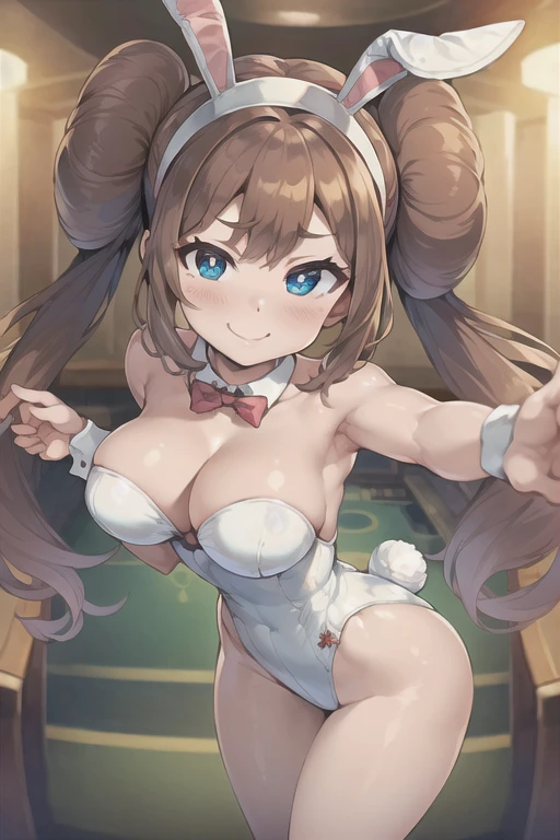 (((masterpiece))), ((highest quality)), (Very detailed), ((High resolution)), ((8k)), One Woman, Big Breasts, Chestnut Hair, Bun hair, Long Hair, Twin tails, Very cute woman, delicate, Charming smile, Blue eyes, Bright Eyes, Best moment, Vivid eyes, cute, Beautiful Skin, cute顔, delicateな腕, Detailed skin texture, Intricate details, Very detailedな顔, Beautiful Eyes, Thighs, Waistline, Casino Venue, Near the slot, ((Bunny girl)), (Fake rabbit ears head dress), Looking up,