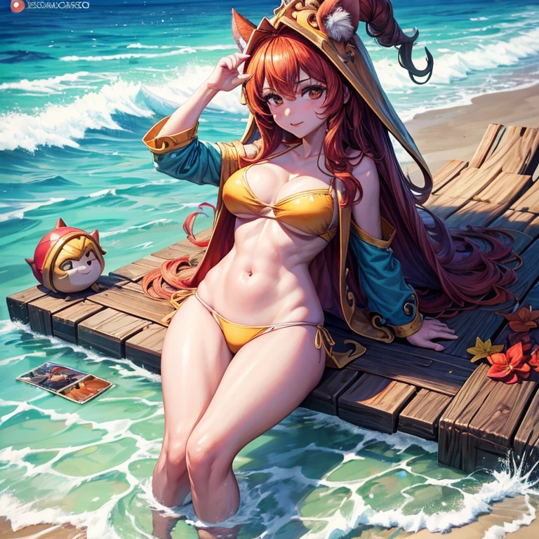 Melhor qualidade, super detalhe, obra de arte, Ultra HD, 8k, 1 garota, concentre-se na garota, Bikini, Lulu, League of Legends, look sexy, super sensual, roupa curta, na praia, exibindo as coxas, emphasis on the thighs.