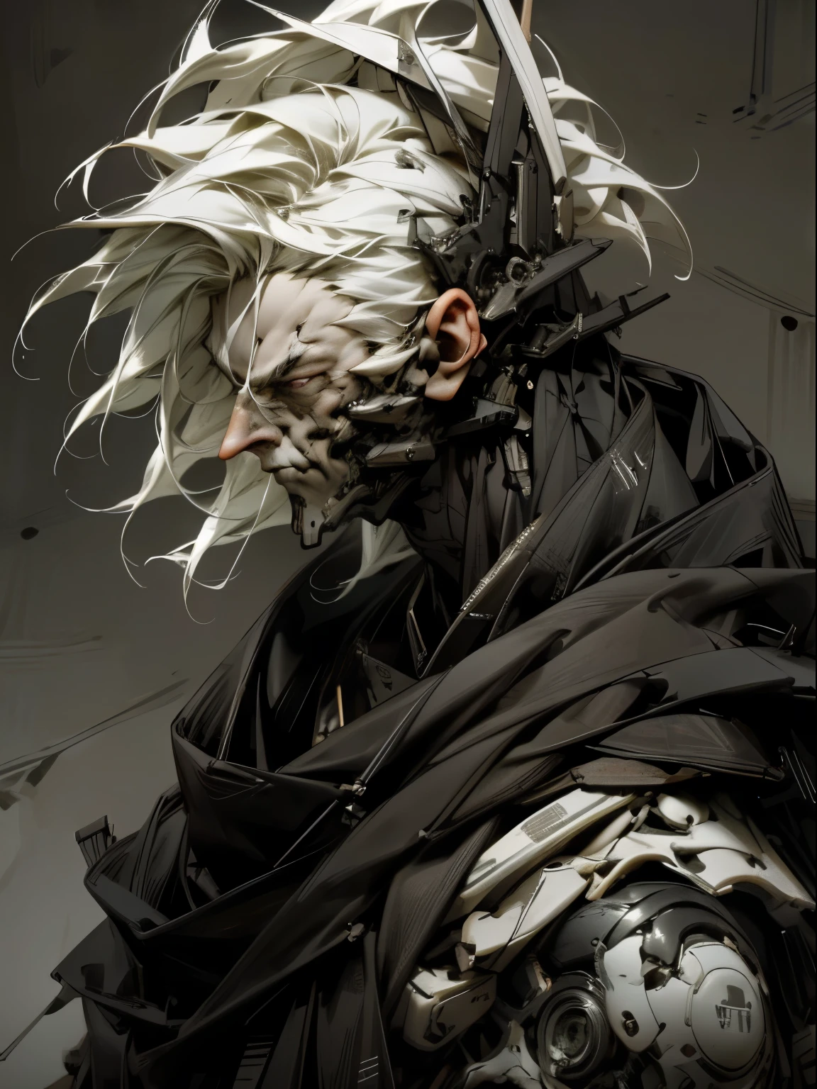 (a male),(male android),(male with white hair),intricate male features,violent and destructive,high-quality,ultra-detailed,dark and intense,masterpiece:1.2,sci-fi,white and black color palette,strong shadows,harsh lighting
