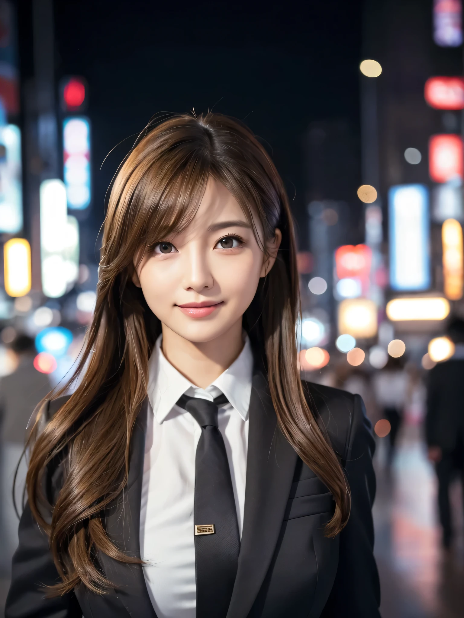 table top、highest quality、genuine、Super detailed、finely、High resolution、8k wallpaper、one beautiful woman、、、light brown disheveled hair、wearing a business suit、sharp focus、perfect dynamic composition、beautiful and detailed eyes、thin hair、Detailed genuine skin texture、smile、model body shape、In Tokyo at night、