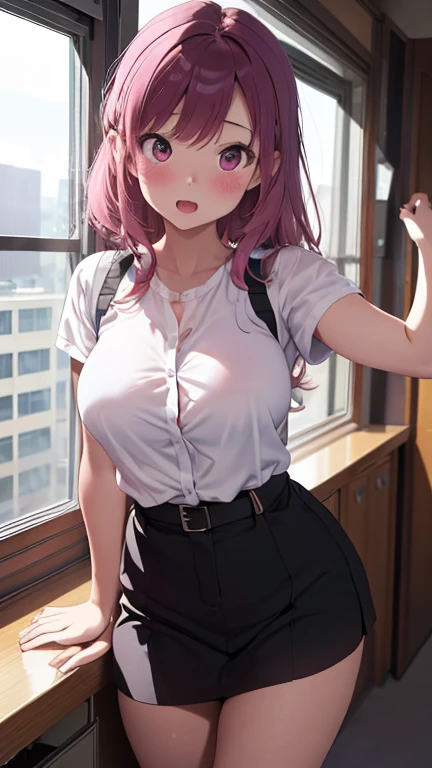 masterpiece、highest quality、Very detailed、Photograph the upper body、1 female、(Put your arms behind your back:1.2)、Are standing、Turn your body forward、View your viewers、(office lady)、break,blush、shy、Pink Hair、Open your mouth、office、Big Breasts、