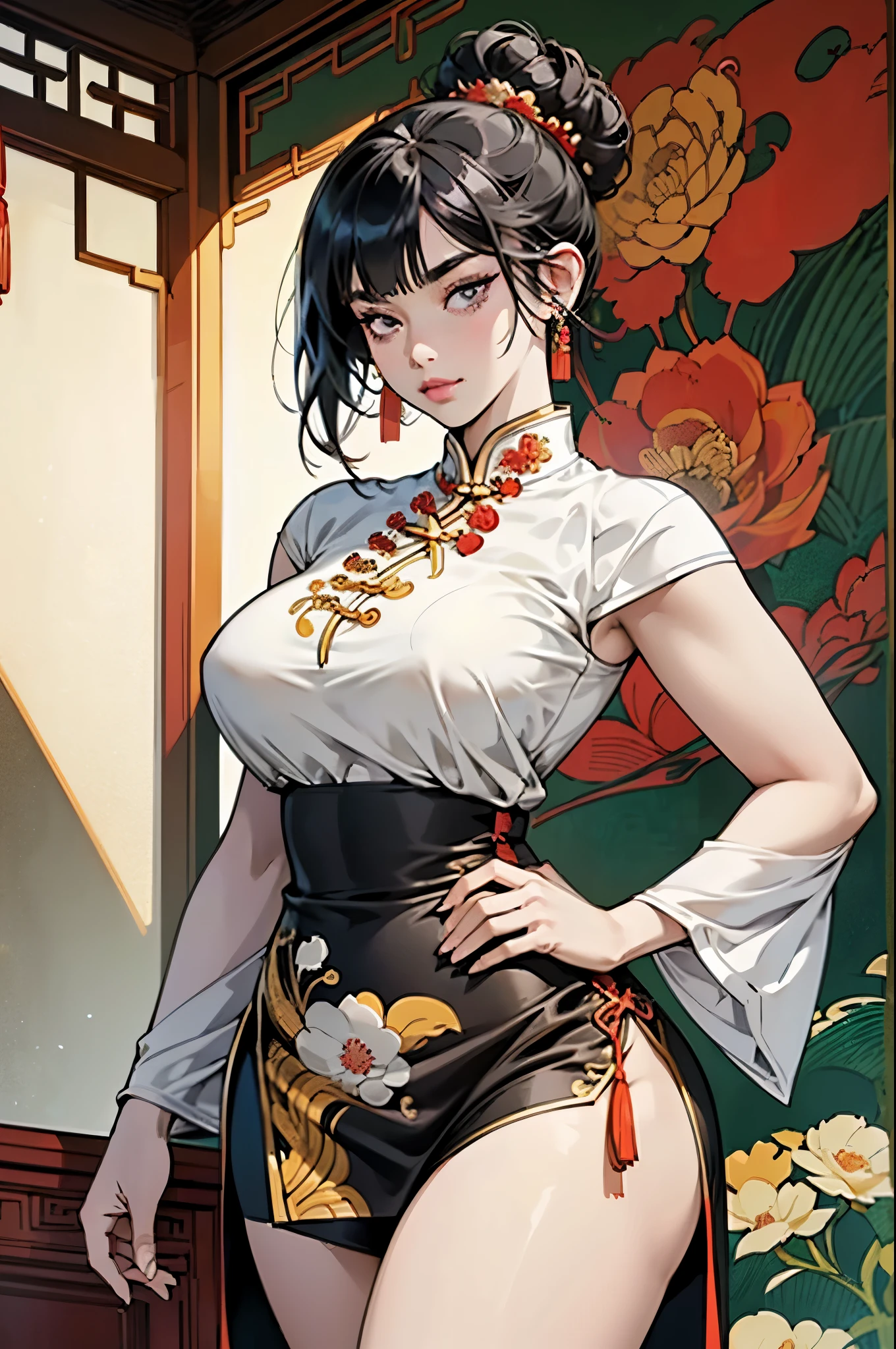 4k, high quality, soft light, cel shading, thick lines, short black bob hair, dark eyes, sexy, big breasts, thick thighs, wide hips, chinese dress, leg slit, muscular, toned, long flowing chinese dress, ornate, jewelry, hair bun, hair accessory, sexy anime lady, thicc, thick lady, thick hips