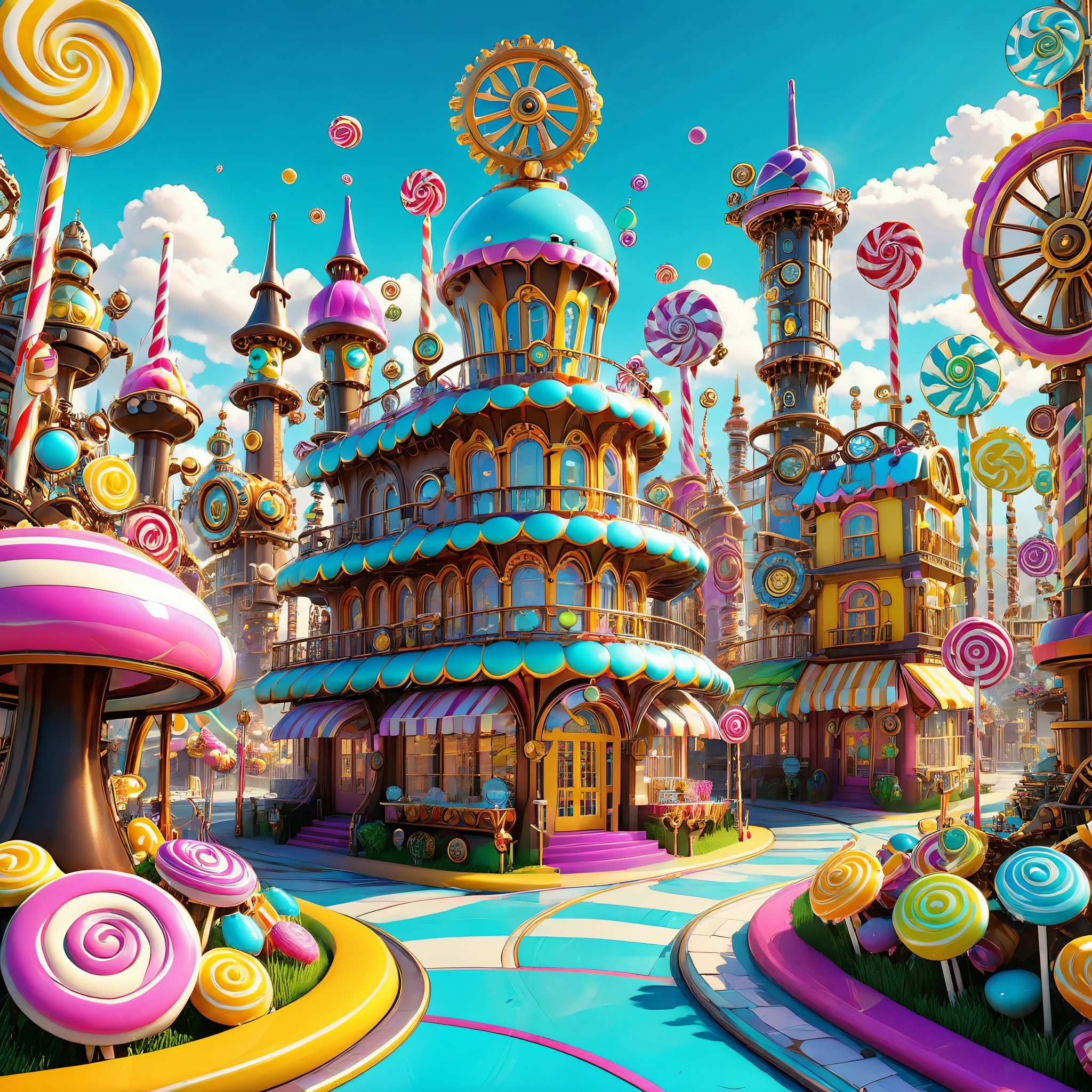 A steampunk candy city inspired by the vibrant colors and bold shapes of Pop Art, with oversized gears and cogs in bright hues. 8K resolution, photorealistic.