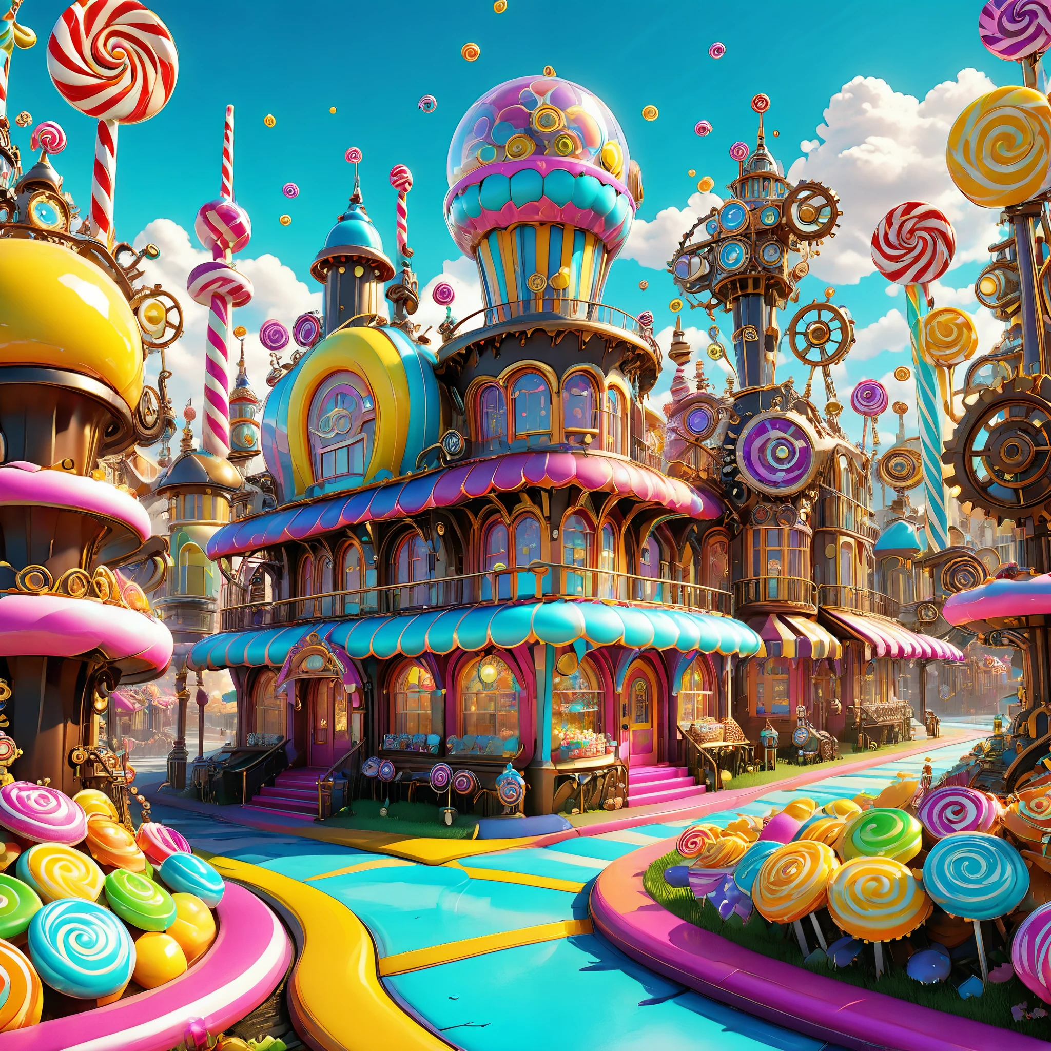 A steampunk candy city inspired by the vibrant colors and bold shapes of Pop Art, with oversized gears and cogs in bright hues. 8K resolution, photorealistic.