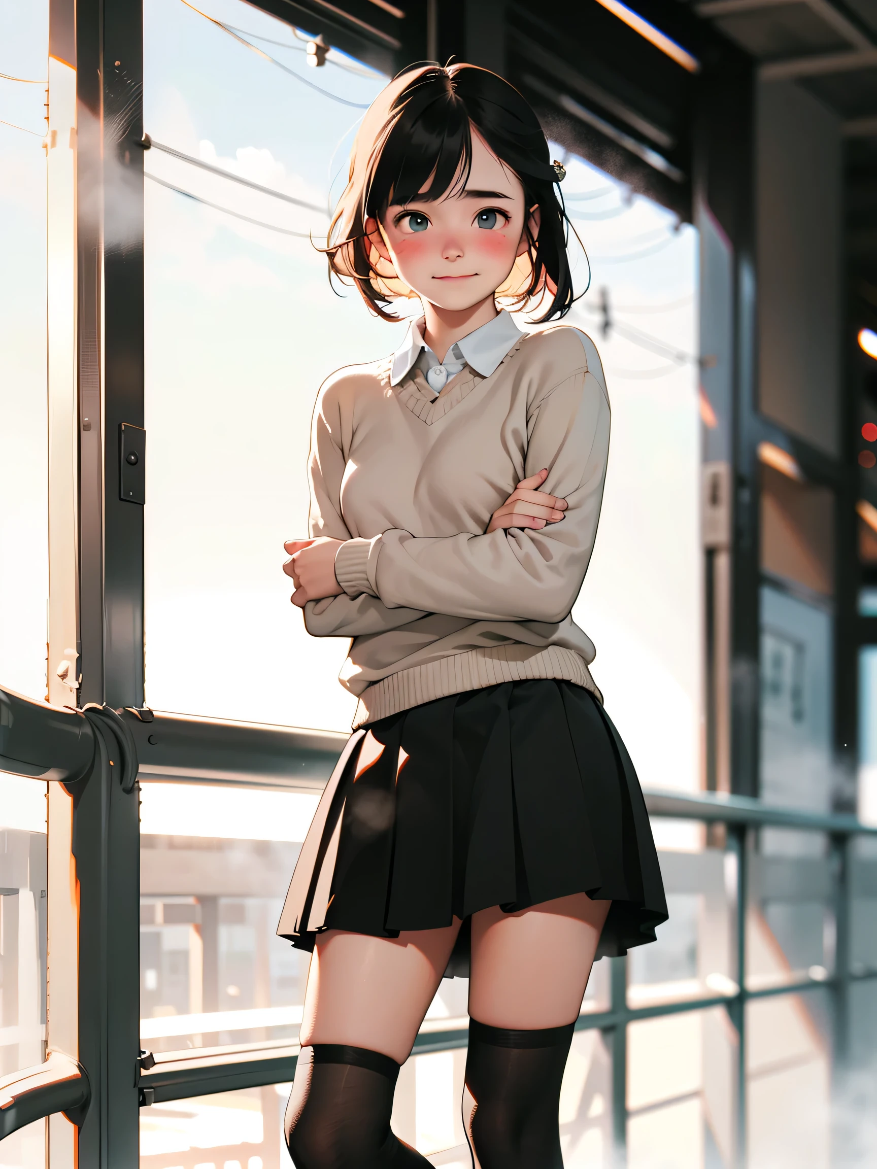 A swedish, American, german, young woman, 20yo, downtown, in large metropolis, collared shirt, sweater, pleated skirt, chuck taylor shoes, smirk ((heavy gaussian blur)), ((soft lighting)), (((extremely hazy:1.2))),, (extremely bright), (dreamy atmosphere), bright vivid colors, (blushing:1.2)