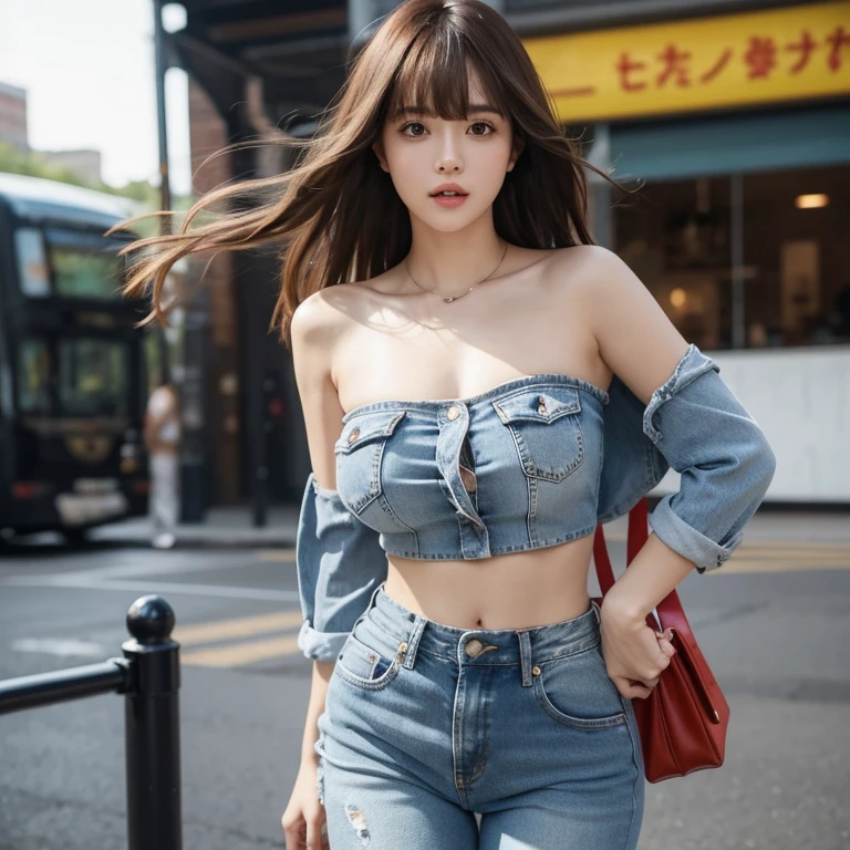 Busty women，One girl，flom below，blunt bangs，Thighs，Long hair that extends to the waist，Wavy long hair，Distressed jeans，Tube top，looking at the camera，(running)，