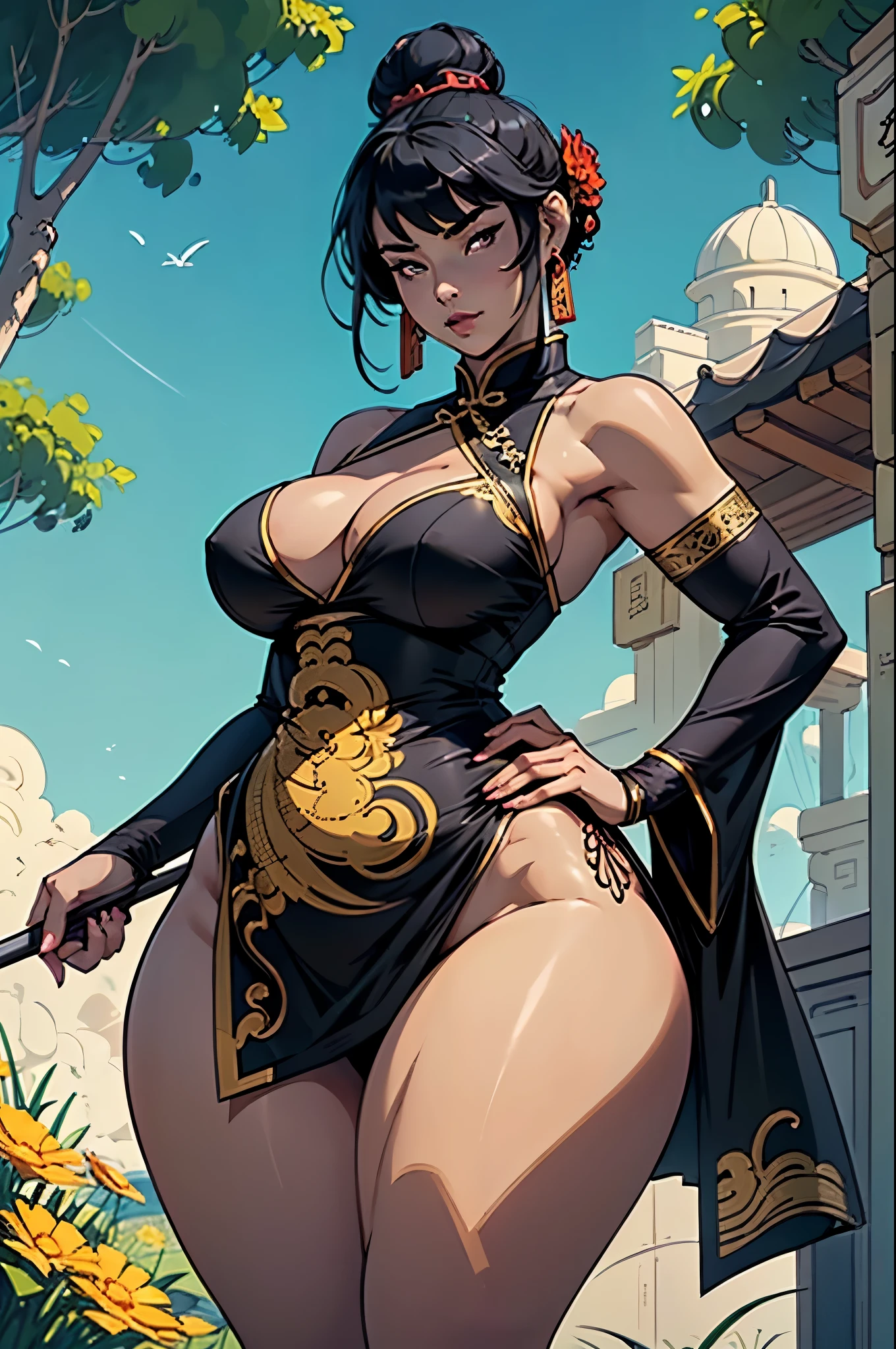 4k, high quality, soft light, cel shading, thick lines, short black bob hair, dark eyes, sexy, big breasts, thick thighs, wide hips, chinese dress, leg slit, muscular, toned, long flowing chinese dress, ornate, jewelry, hair bun, hair accessory, sexy anime lady, thicc, thick lady, thick hips