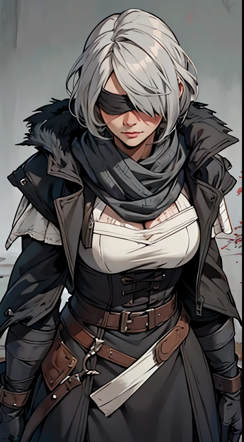 Adult women,Gray hair,Gray short hair,masterpiece,high quality,Blank Background,blind,(30岁Adult women),Dressed in hunter outfit,milf,((Cover your eyes with a bandage)),bloodborne,Bounty Hunter