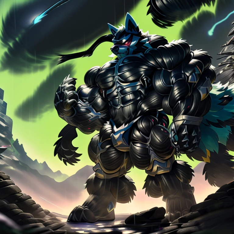 LUCARIO, (gigantic muscles), 8K, Masterpiece, highres, future fiction. Detailed head, Detailed Body, full body, Detailed abs, wearing crNanosuit, big muscle (pecs, triceps, traps) unusually developed muscular body, body full of huge muscles. showing off muscles, pectorales enormes. Exaggeratedly huge muscles. Gigachad Muscular, gigantic muscles, Colossal giant NANOSUIT over a battlefield,
The claws are sharp,
Sharp teeth,
Spread wings, have big wings.
nj5furry, Animal paws, thunderstorm, rainy weather, lightning,