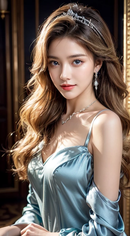 ((RAW shooting:1.5, realistic:1.5, 8K, highest quality, masterpiece, ultra high resolution)), Interior of a luxurious French royal palace, professional camera work:1.3, Highly detailed skin and facial textures:1.3, glow light effect, Super detailed:1.3, 1 cute polish princess, Fair skin, Glossy skin, (elegant:1.4, small face), Ultimate Cute Face:1.5, (Eyes that give a sense of cleanliness:0.9, looking far away), smile:1.0, (mouth is slightly open:0.4, Clean and refreshing taste:0.7), double eyelid, ((super long blonde curl hair)), tiara, necklace and earrings, ((How to wear an elegant and shiny satin princess dress off the shoulders correctly)), breast size is medium, cowboy shot