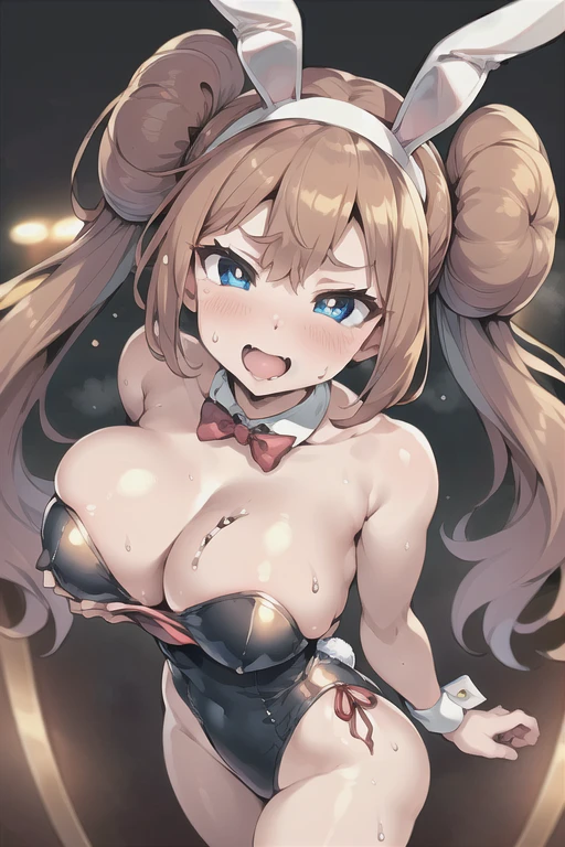 (((masterpiece))), ((highest quality)), (Very detailed), ((High resolution)), ((8k)), One Woman, Big Breasts, Chestnut Hair, Bun hair, Long Hair, Twin tails, Very cute woman, delicate, Charming smile, Blue eyes, Bright Eyes, Best moment, Vivid eyes, cute, Beautiful Skin, cute顔, delicateな腕, Detailed skin texture, Intricate details, Very detailedな顔, Beautiful Eyes, Thighs, Waistline, Casino Venue, Near the slot, ((Bunny girl)), (Fake rabbit ears head dress), Looking up, blush, Sweat, Inviting support, Provocative Gaze, Open your mouth,