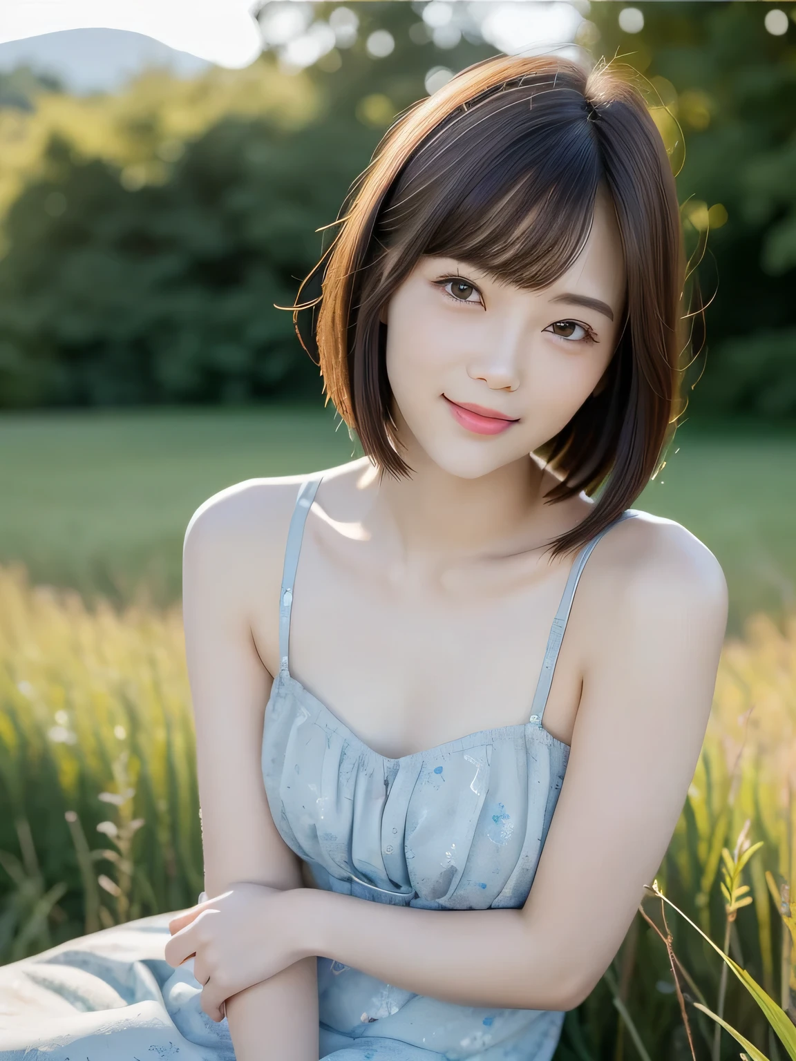 (highest quality:1.5)、(Realistic:1.5)、(1 person:1.5)、(Upper Body:1.5)、Very detailed、High resolution、8k wallpaper、、Small breasts、Natural color lips、Cute Smile、Japanese women、20-year-old girl、Beautiful and elegant face、Perfect and beautiful face、Big eyes、Brunette eyes、Beautiful and elegant face、Natural double eyelids、Natural Bangs、Beautiful thin nose、Beautiful Skin、Chestnut Hair、Medium Bob Hair、Short Hair、Natural Bangs、Perfect and beautiful face、Slim face and figure、(Looking at the camera with a cute expression)、Bright lighting、Professional Lighting、Forward lighting、Cute Smile、Summer blue sky、Grass park on the mountain、Look at the viewers、Low-angle composition、(Staring at the camera with a cute expression)、Bright lighting、Professional Lighting、Forward lighting、Cute Smile、Beautiful clavicle、Beautiful feet:1.2、Smooth Skin、Sweet girl dress2, dress、Sit on the grass、Sit down、Leaning forward、Shots from low angles、Sweet girl dresini skirt