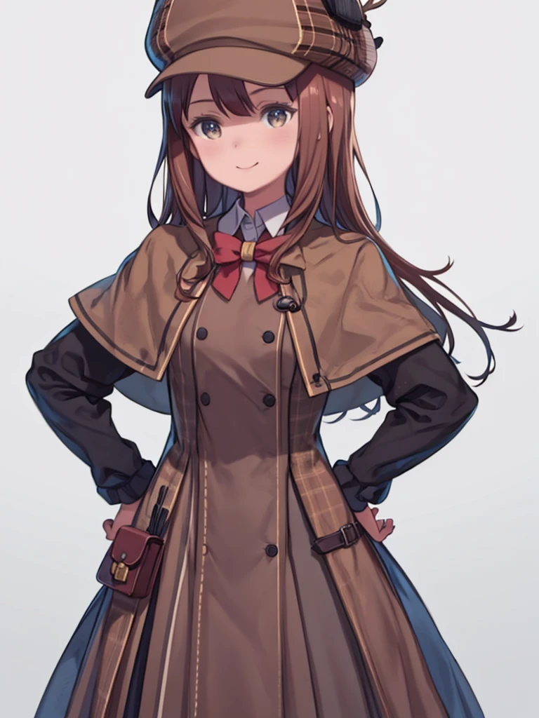 masterpiece、highest quality、High resolution、Very detailed、Medium wide shot、Girl、帽子とケープをかぶった女性が腰に手を当ててAre standing、deerstalker、brown headwear、One girl,alone, Deer Shooting Cap,Are standing,Detective,A light smile, Hands on hips, White Background, Brown hat, brown capelet, red_hair,long hair,
