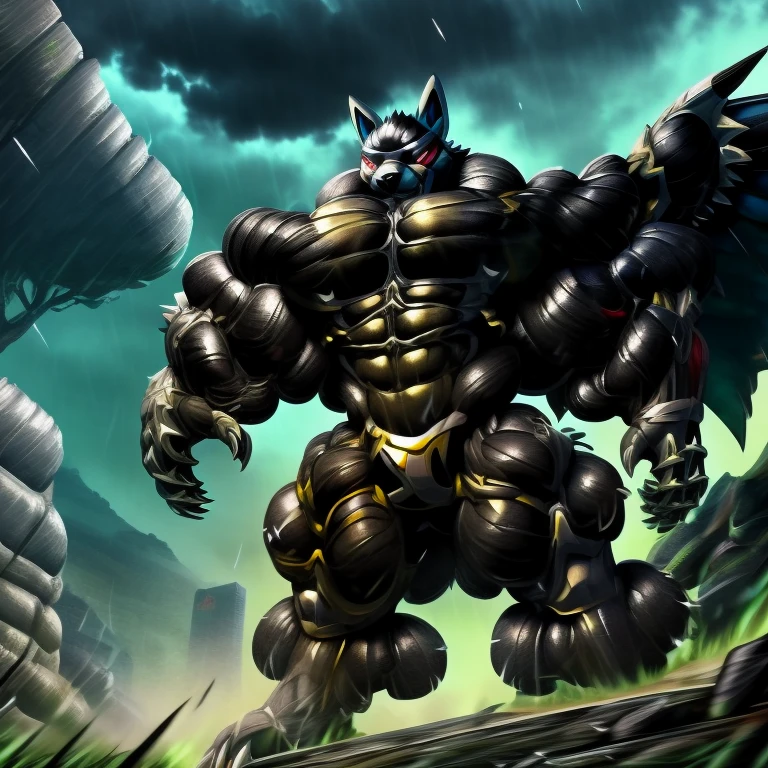 LUCARIO, (gigantic muscles), 8K, Masterpiece, highres, future fiction. Detailed head, Detailed Body, full body, Detailed abs, wearing crNanosuit, big muscle (pecs, triceps, traps) unusually developed muscular body, body full of huge muscles. showing off muscles, pectorales enormes. Exaggeratedly huge muscles. Gigachad Muscular, gigantic muscles, Colossal giant NANOSUIT over a battlefield,
The claws are sharp,
Sharp teeth,
Spread wings, have big wings.
nj5furry, Animal paws, thunderstorm, rainy weather, lightning,