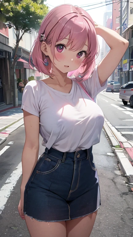 masterpiece、highest quality、Very detailed、Photograph the upper body、1 female、(Put your arms behind your back:1.2)、Are standing、Turn your body forward、View your viewers、(police)、break,blush、shy、Pink Hair、Open your mouth、Police Department、Big Breasts、